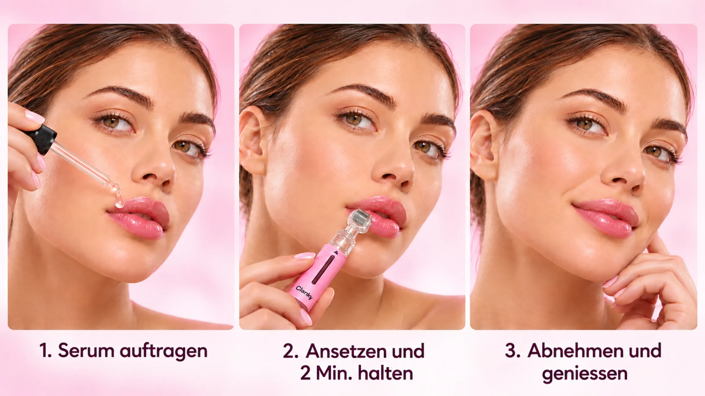 ClankyLips in drei Schritten: Serum auftragen, Applikator ansetzen und 2 Minuten halten, abnehmen.