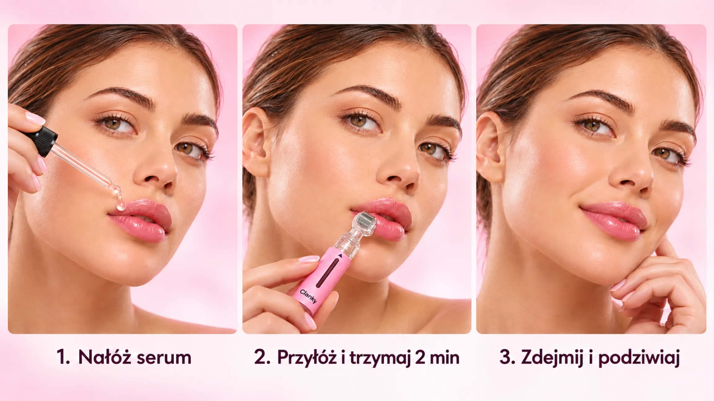 Jak używać ClankyLips w trzech krokach: nałóż serum, przyłóż aplikator i trzymaj 2 minuty, zdejmij.