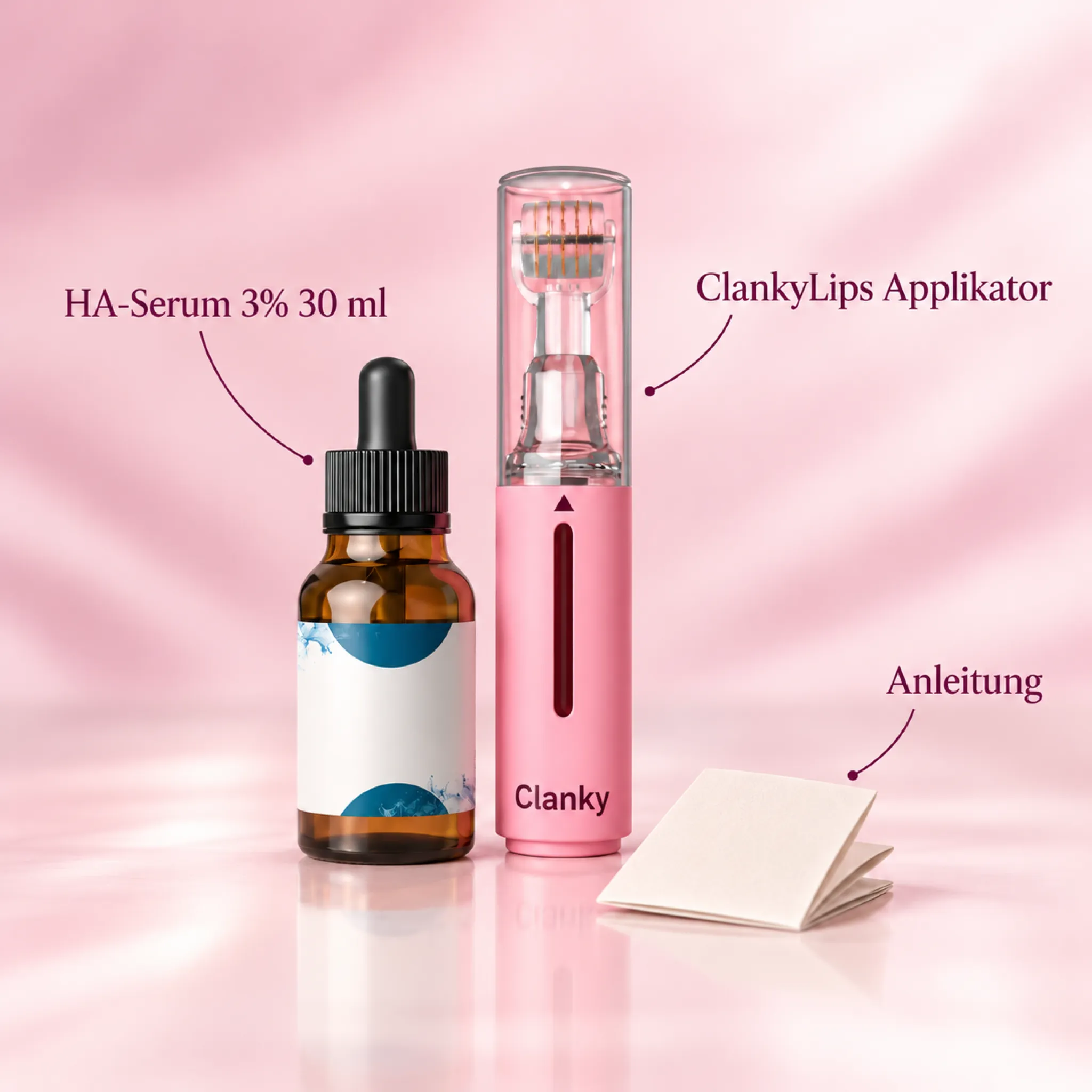 Im Set: Serum mit Hyaluronsäure 3 % (30 ml), ClankyLips Applikator und Anleitung.