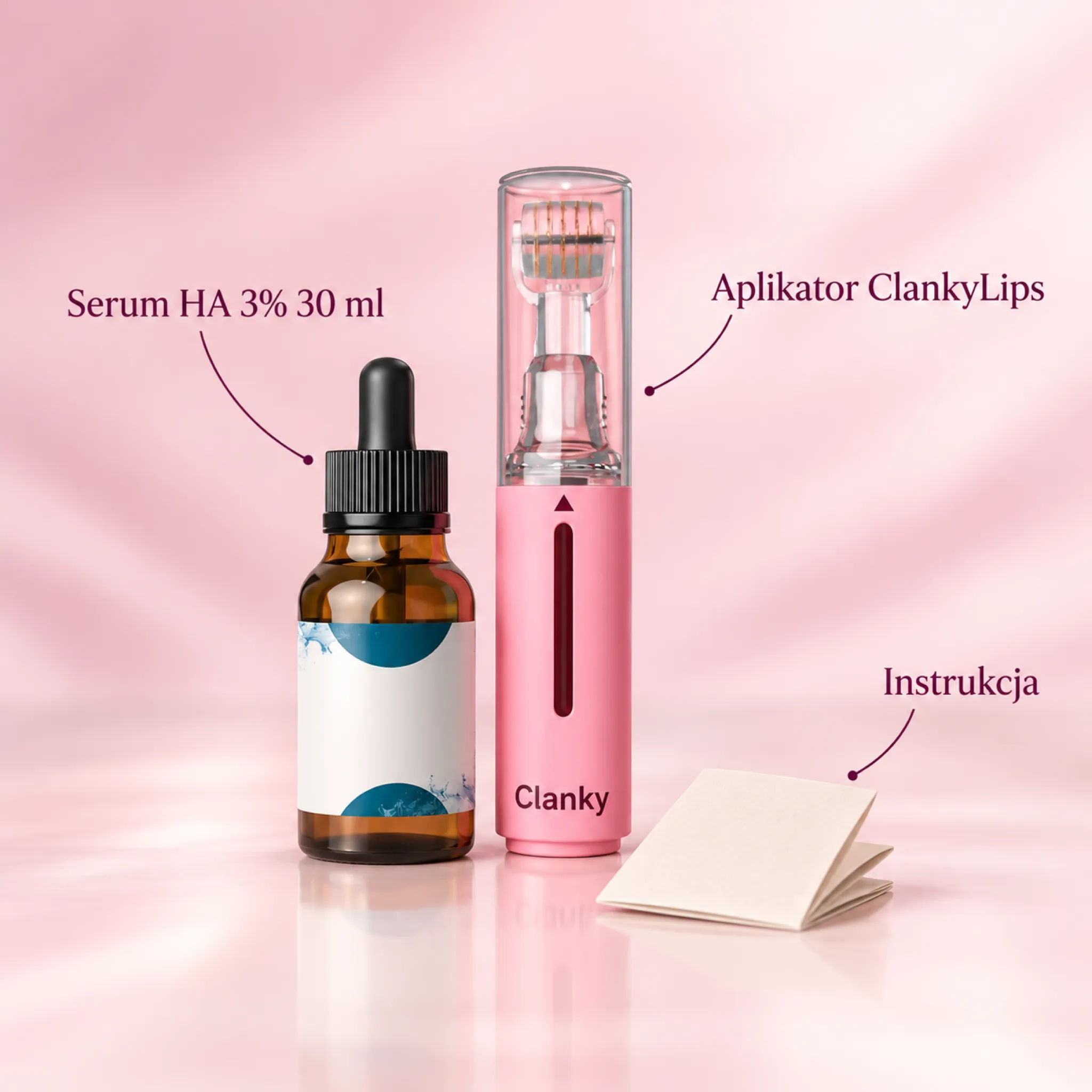 Zawartość zestawu: serum z kwasem hialuronowym 3% 30 ml, aplikator ClankyLips i instrukcja.